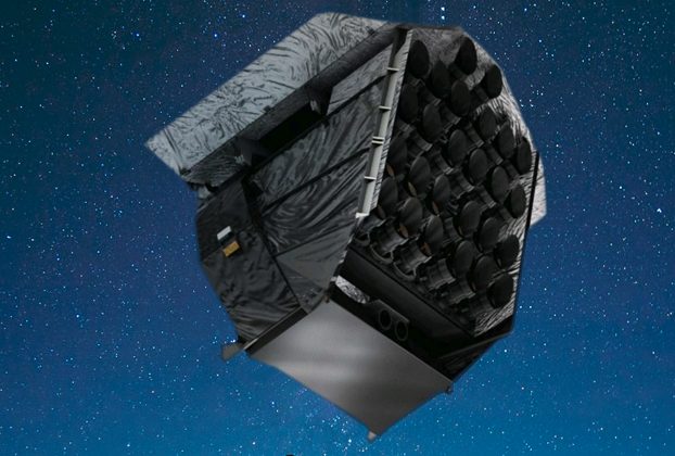 Modelo do satélite PLATO, equipado com um conjunto de 26 telescópios, que será colocado em órbita acima da atmosfera – Foto: Divulgação / ESA